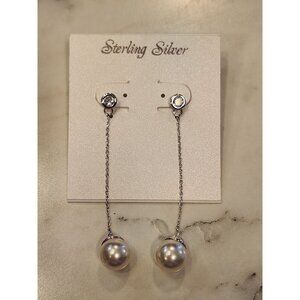 Sterling Silver Faux Pearl Drop Earrings With Sparkling CZ Studs